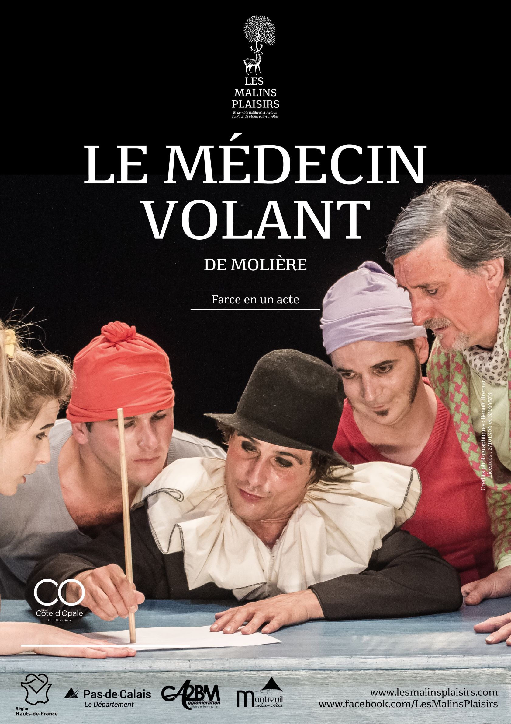 Affiche de la pièce de théâtre du médecin Volant représentant 4 personnages de la pièce
