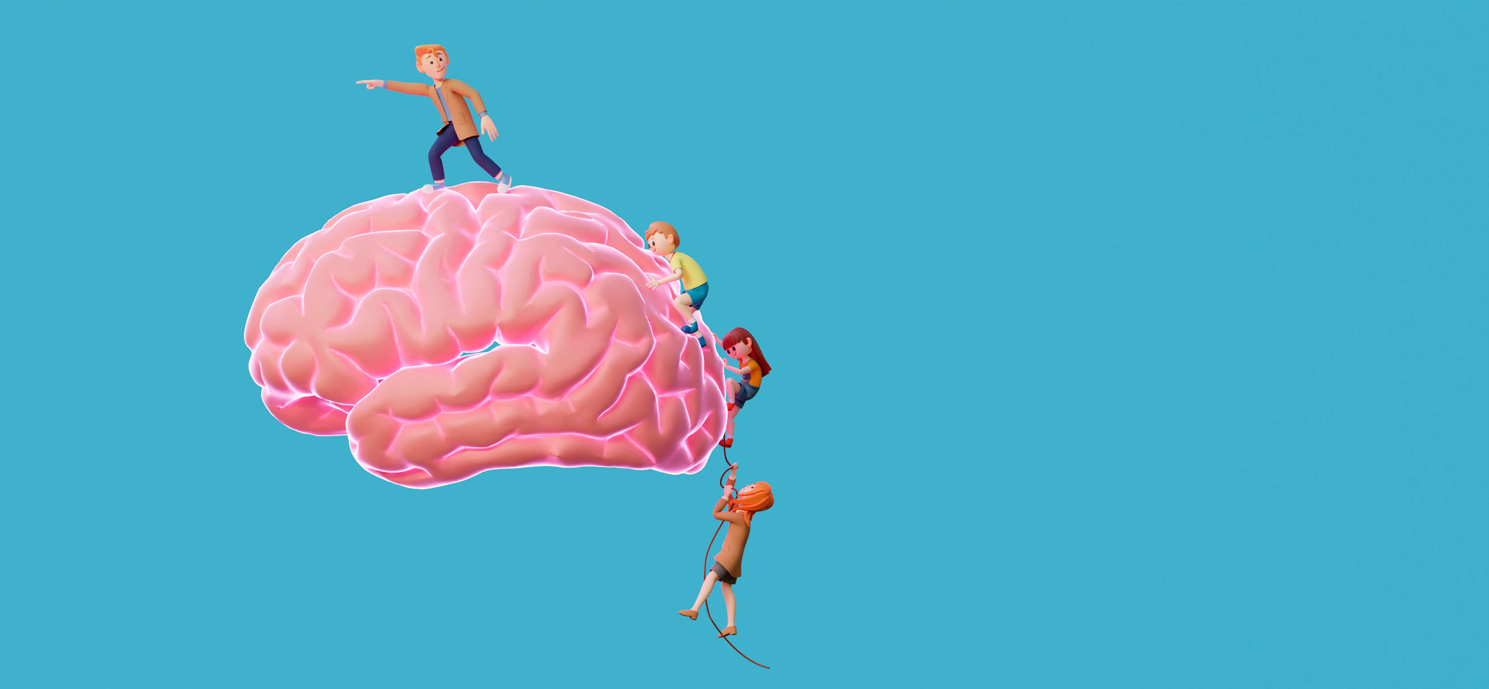 image  de trois enfants en escalade sur un cerveau rose