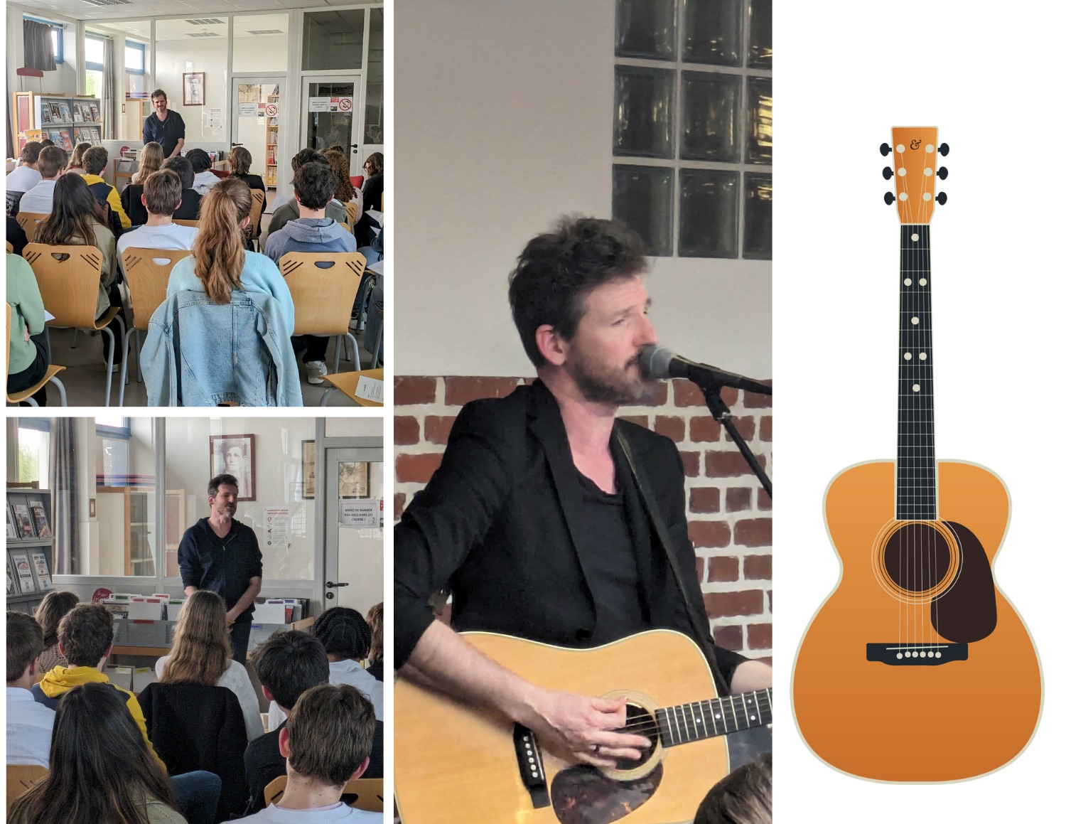 3 photo de Frédéric Bodin jouant de la guitare devant les élèves 
