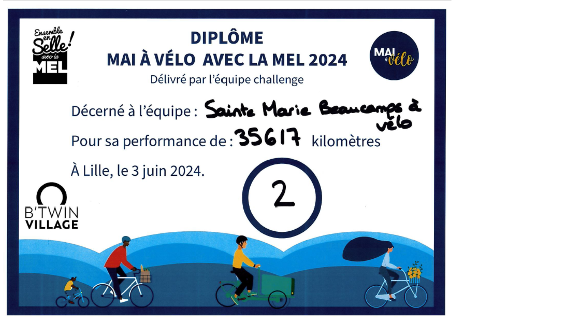 diplôme Mai à vélo avec la MEL 2024 décerné à l'équipe Sainte-Marie