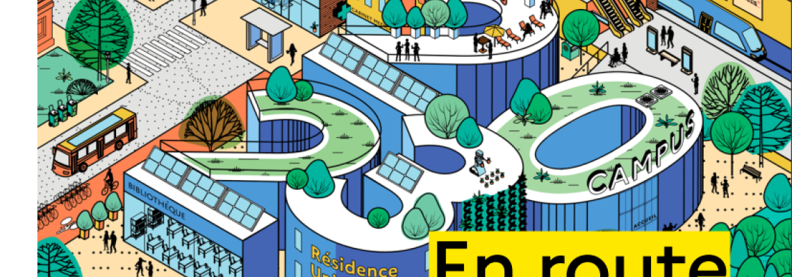 couverture du guide : dessin très coloré d'un campus universitaire + texte : En route vers la vie étudiante