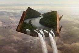 photo surréaliste représentant une rivière coulant d'un livre ouvert sous fond de ciel nuageux